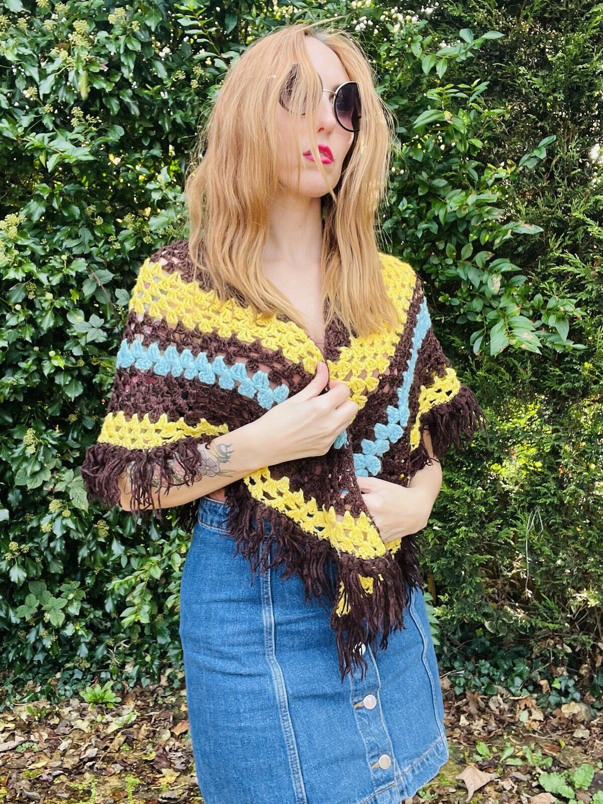 Vintage Boho Crochet Shawl Hippie Triangle Knit Wrap Cape Cottage Whimsy Scarf