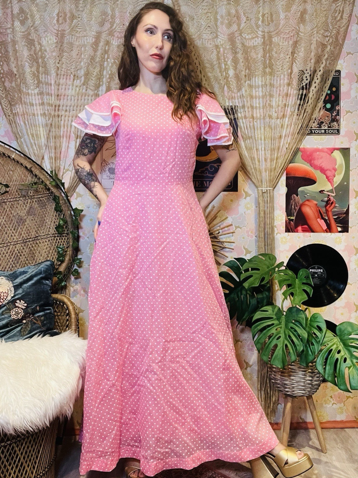 Vintage 1970s Maxi Dress Pink Polcadot Frilly Floaty Long Dress Size 14