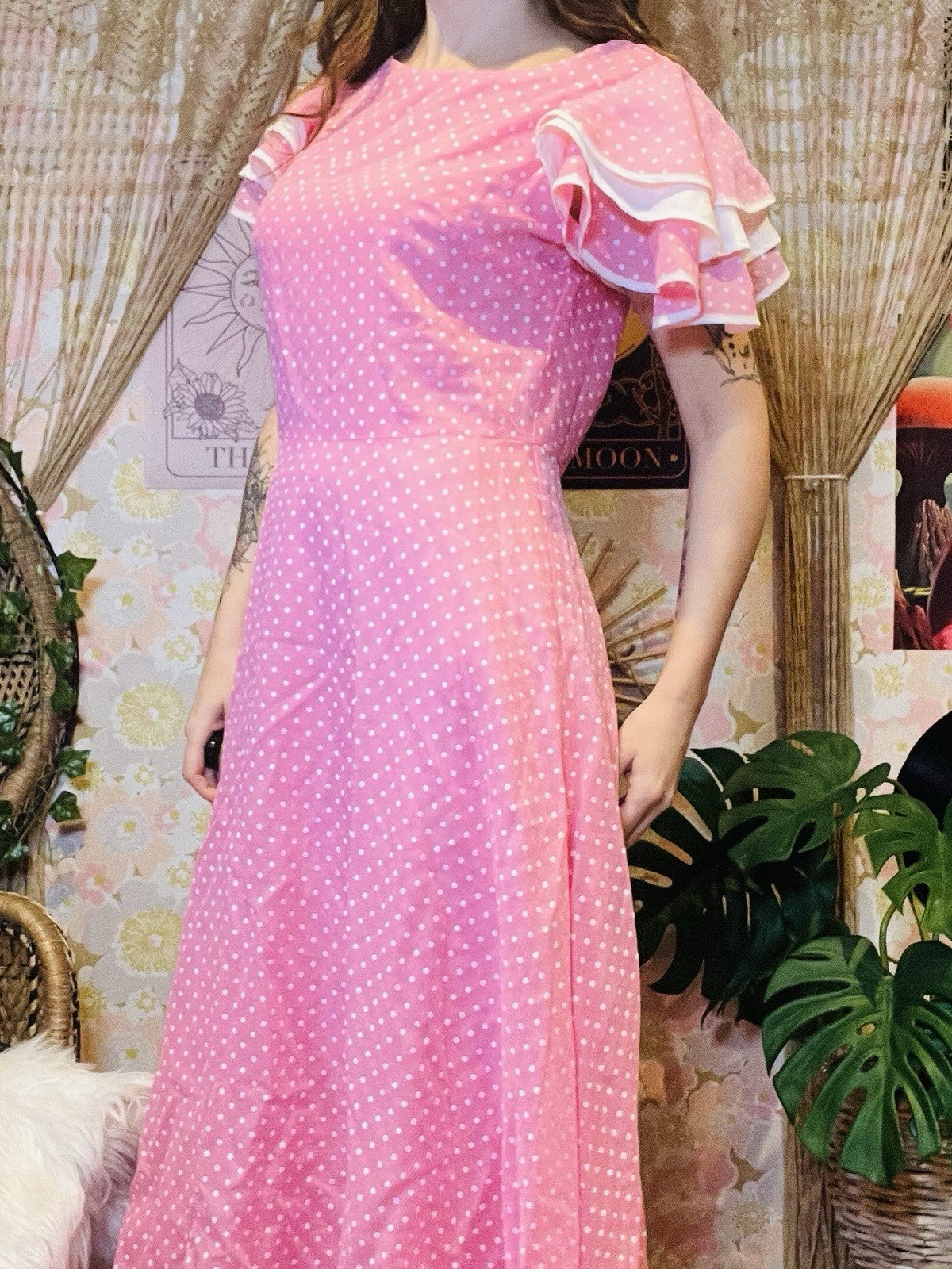 Vintage 1970s Maxi Dress Pink Polcadot Frilly Floaty Long Dress Size 14