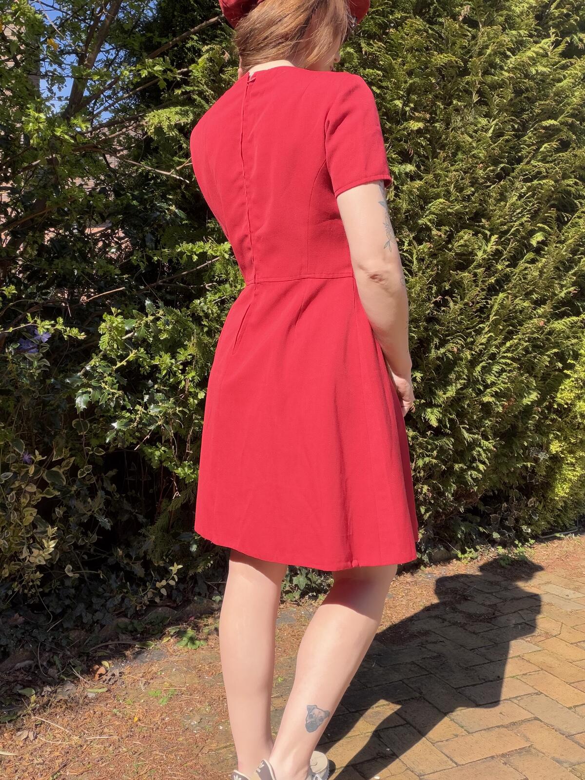 Vintage 1960s Mini Dress Red Pleated Short Sleeve Dress with Gold Buttons 14