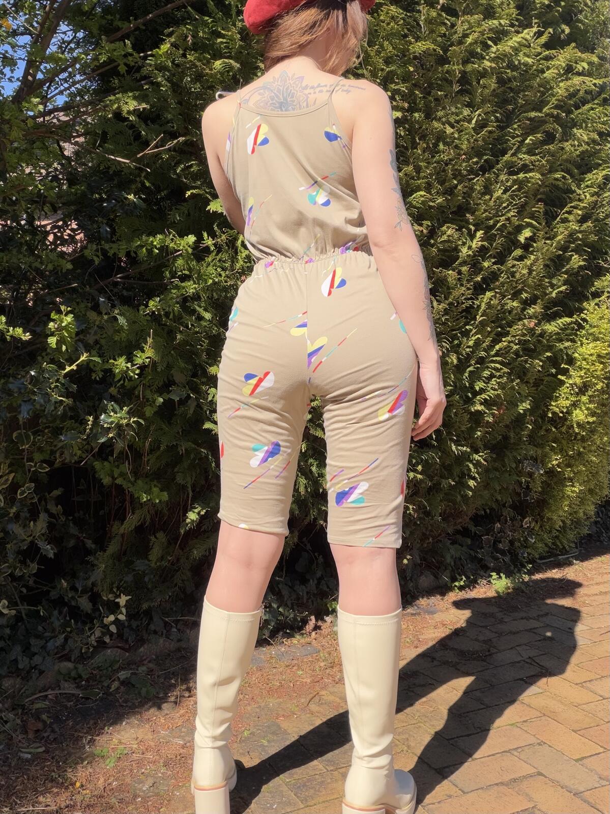 Vintage 1980s Playsuit Beige Sleeveless Abstract Cotton Jumpsuit Size 10 to 12