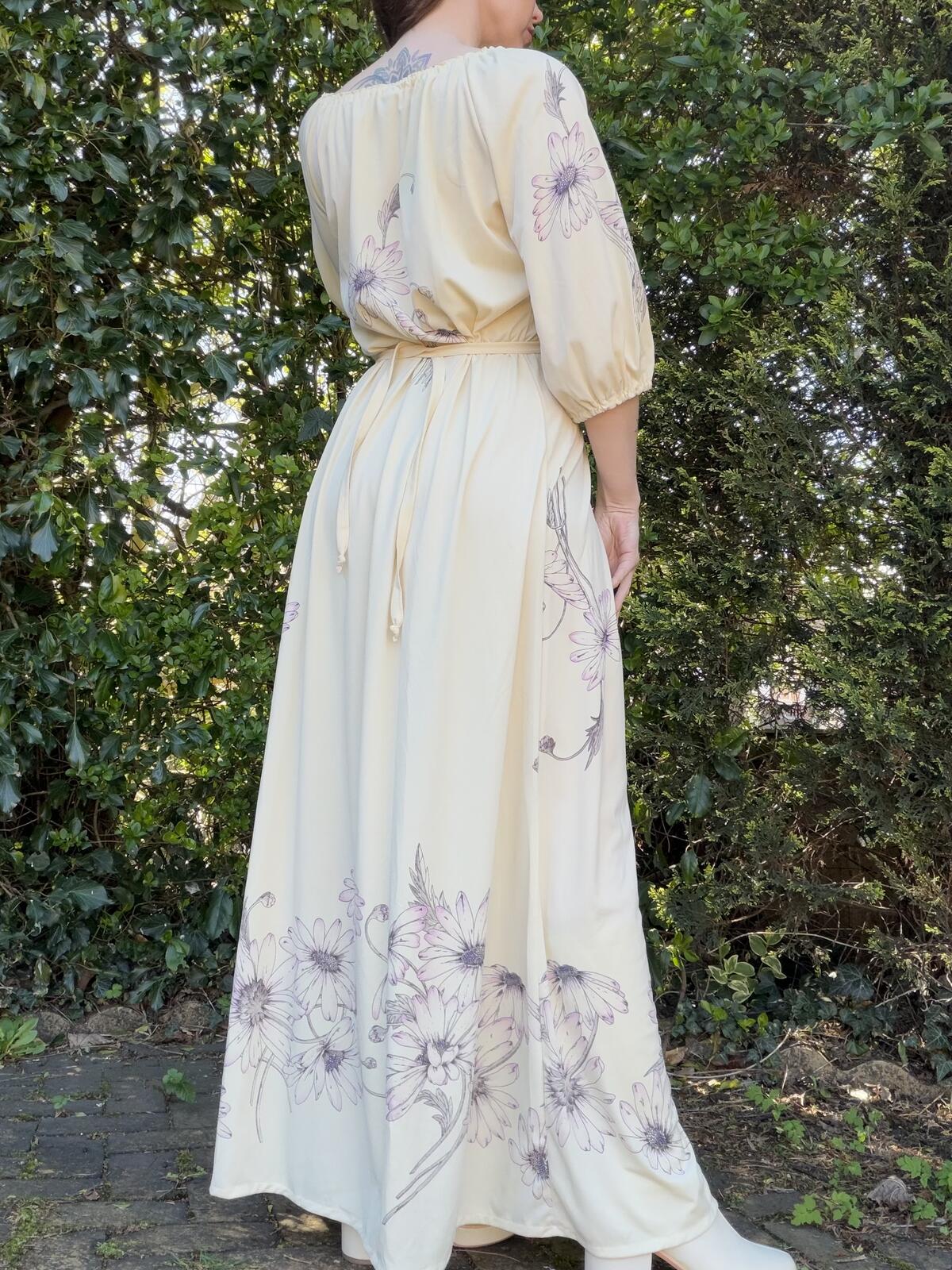 Cream Floral Maxi Dress with Tie Waist Long Hippie Boho Summer Dress Size 16 18