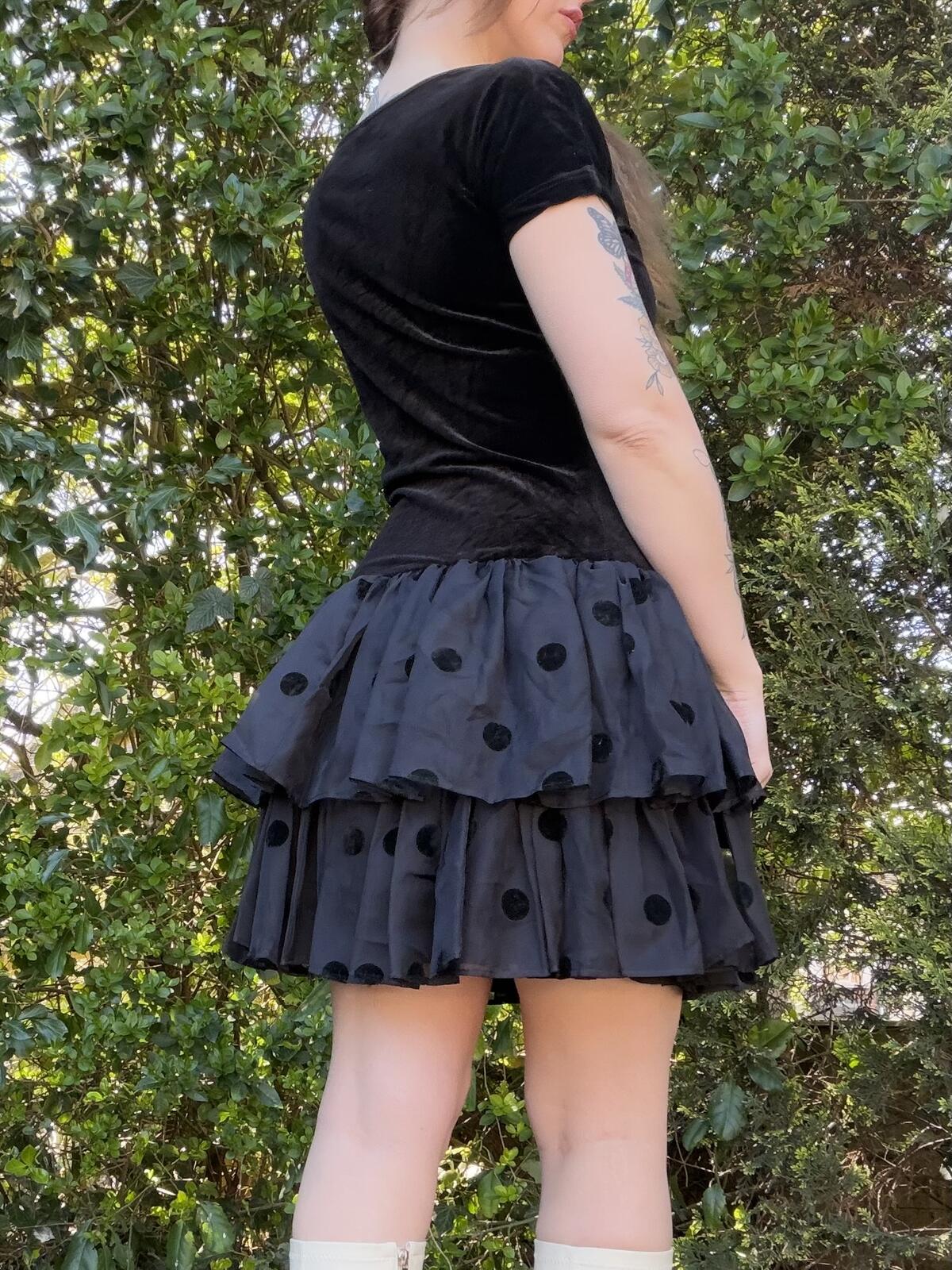 Vintage 1980s Party Dress Black Velvet and Polka Dot Ruffle Mini Dress Size 12