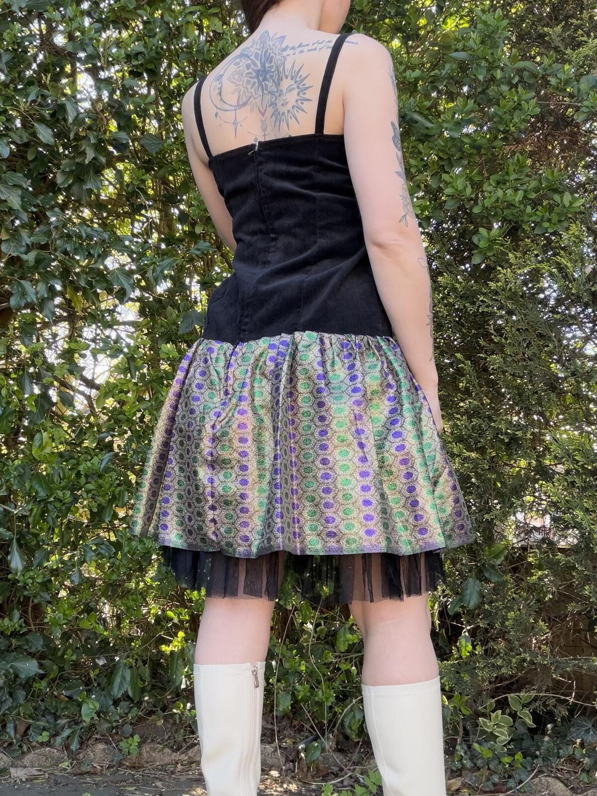 Vintage 1980s Party Dress Black Velvet with Patterned Skirt Dress Size 12