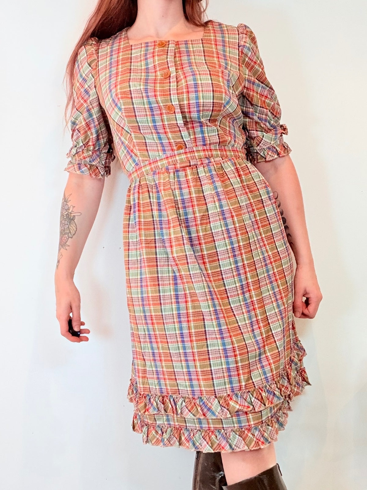 Vintage Plaid Midi Dress with Tartan Ruffle Trim and Puff Sleeves Size 12