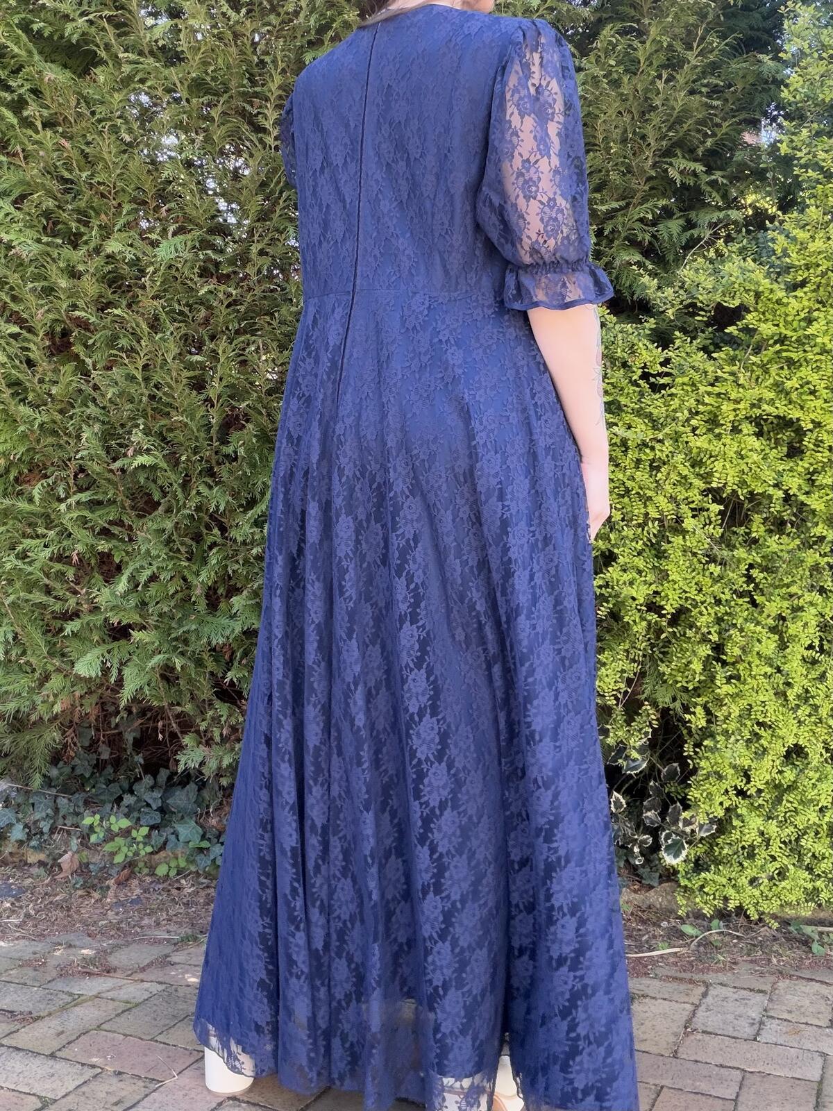 Vintage 1980s Maxi Dress Blue Lace Long Dress with Diamante Detail Size 16