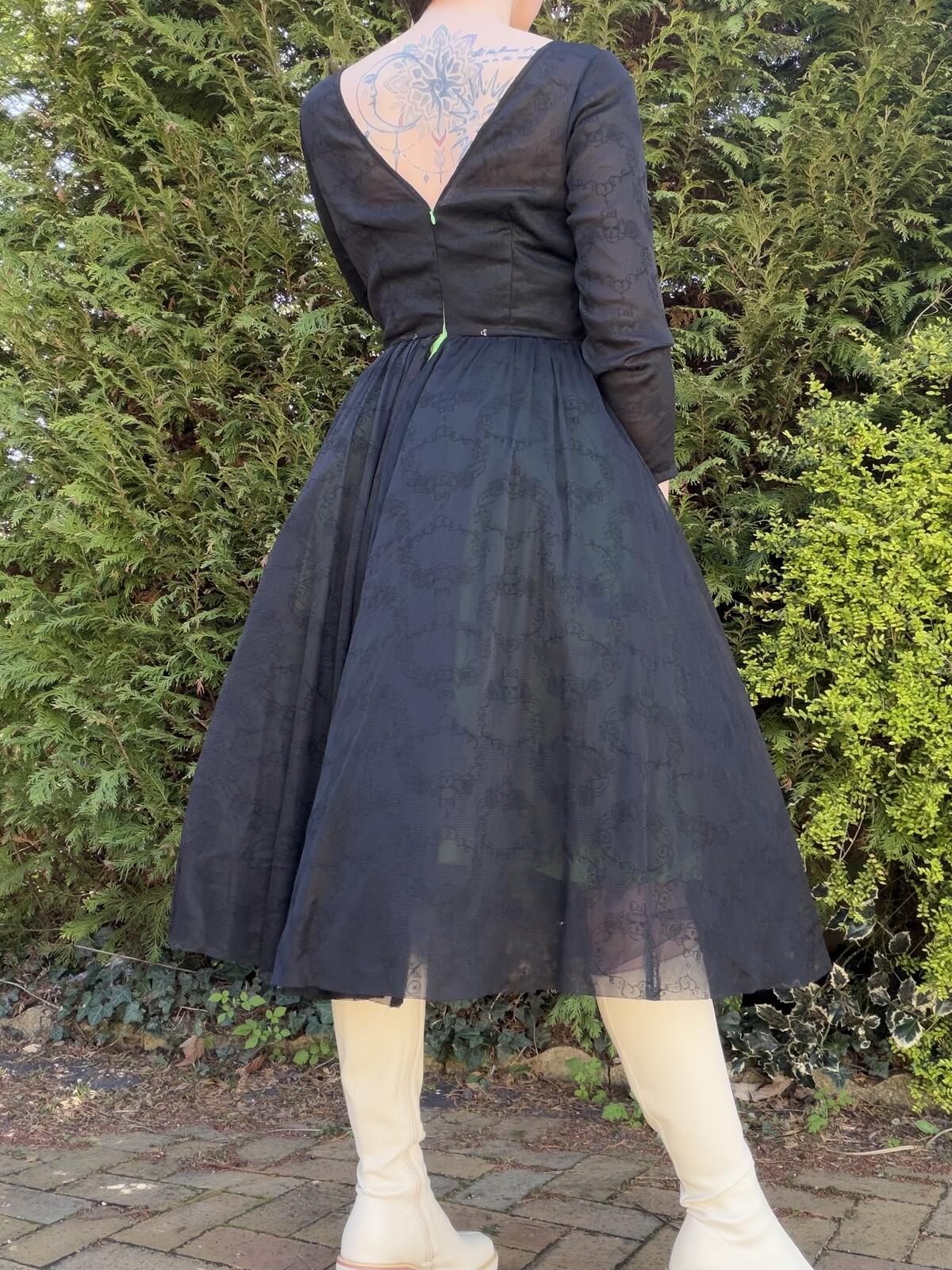Vintage 1980s Party Dress Black Long Sleeve Midi Dress with Green Lining Size 10