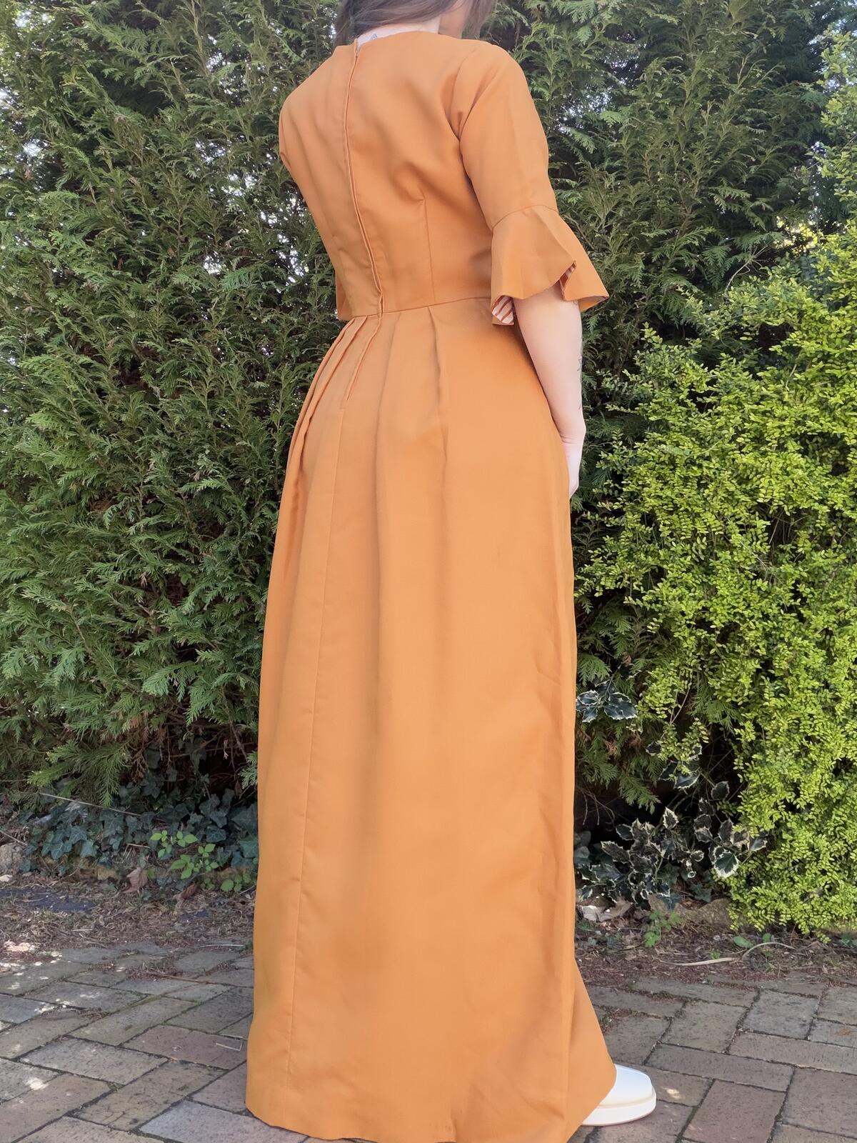 Vintage 1970s Maxi Dress Mustard Yellow Long Dress with Flared Sleeves Size 12