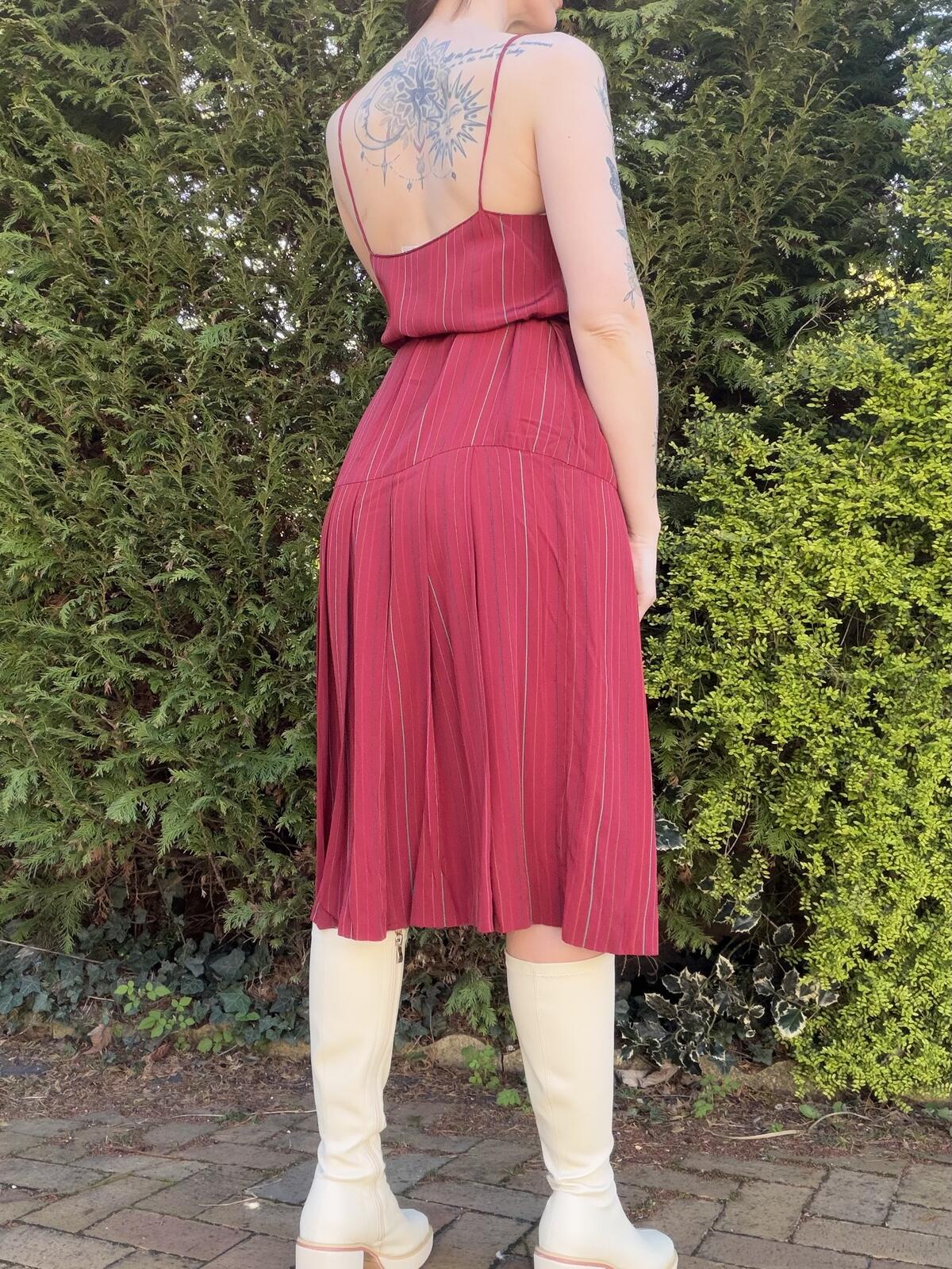Vintage 1980s Summer Dress Red Striped Midi Dress with Belt Size 10