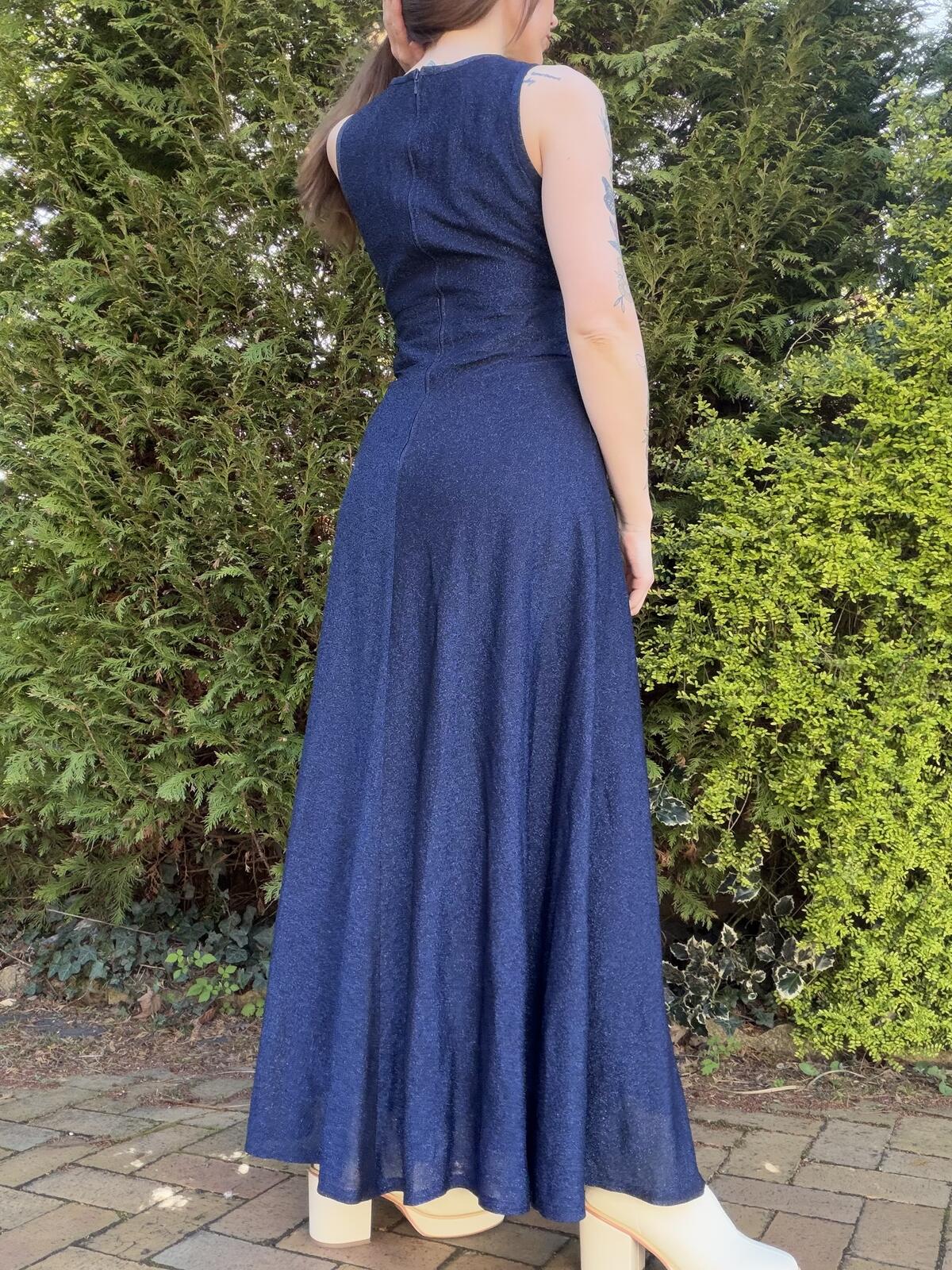 Vintage 1970s Maxi Dress Size 10 to 12 Navy Blue Lurex with Sequin Bodice