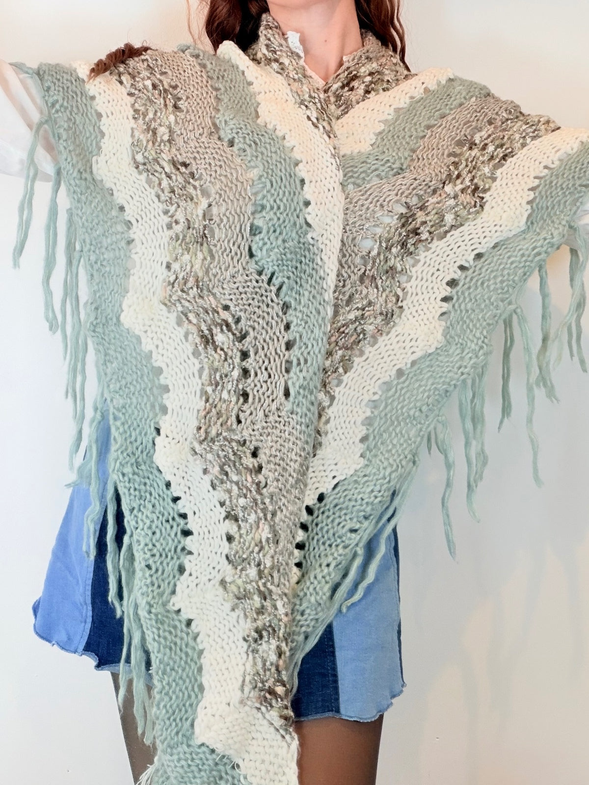 Vintage Knit Crochet Shawl Hippie Boho Triangle Wrap Cape Cottage Whimsy Scarf