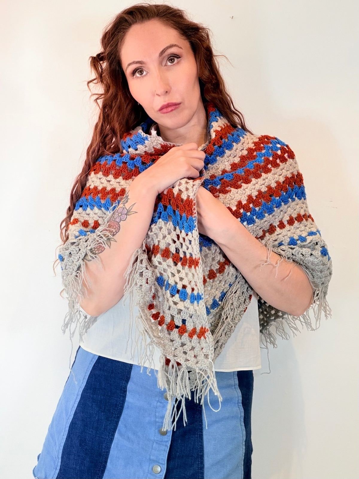 Vintage Knit Crochet Shawl Hippie Boho Triangle Wrap Cape Cottage Whimsy Scarf