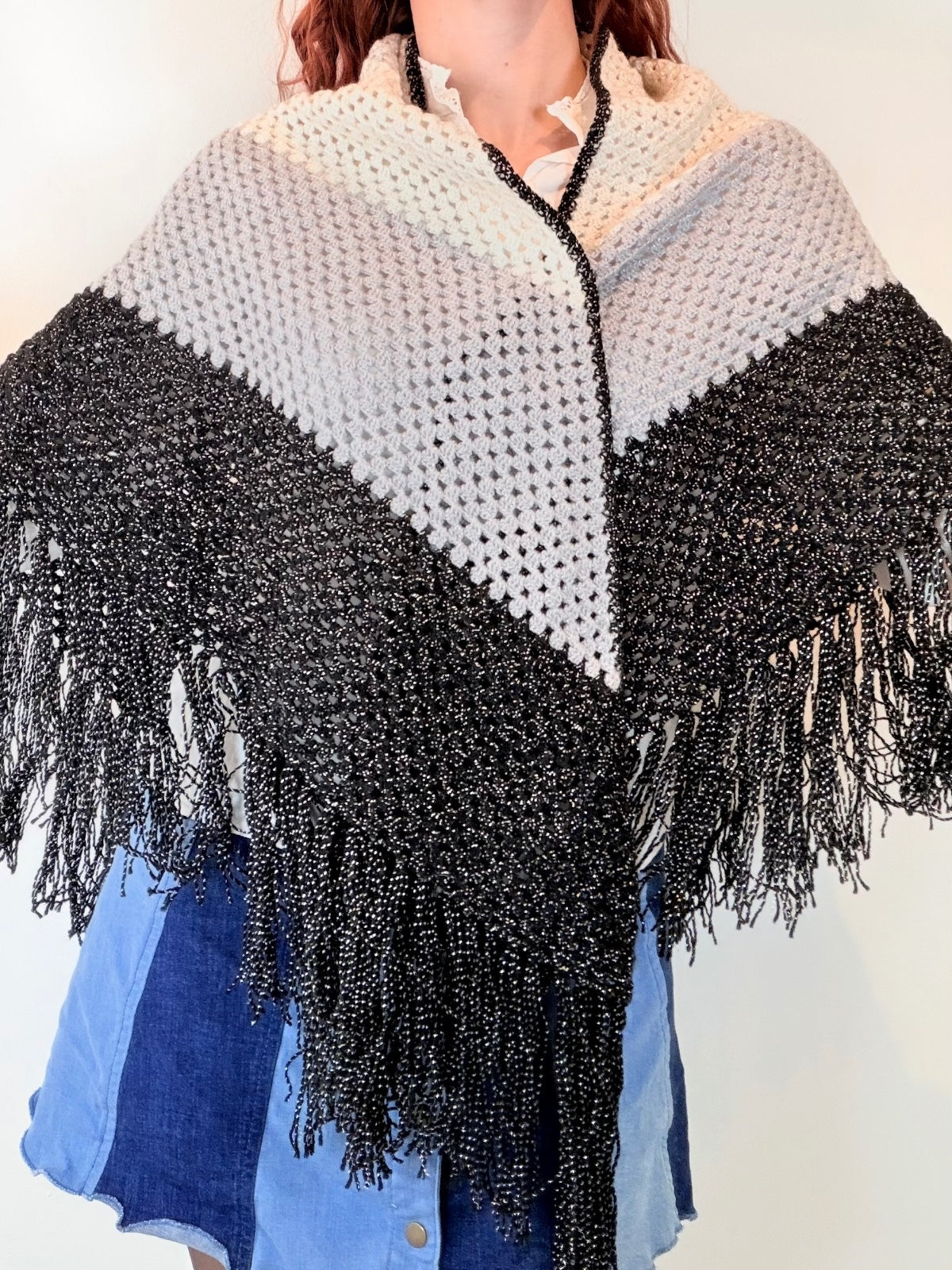 Vintage Knit Crochet Shawl Hippie Boho Triangle Wrap Cape Cottage Whimsy Scarf