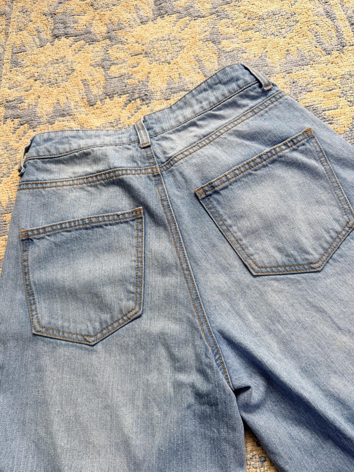 Vintage Y2K Flared Jeans Blue Size 8 Frayed Edge Split Front Wide Leg Trousers