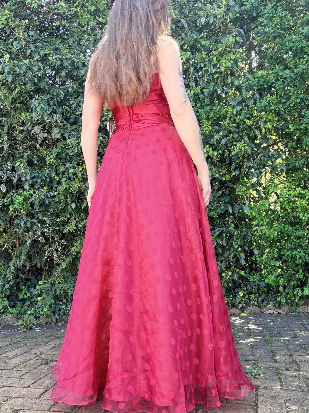 Red Strapless Prom Dress Polka Dot Evening Gown Tie Waist Size 8 By Masquerade