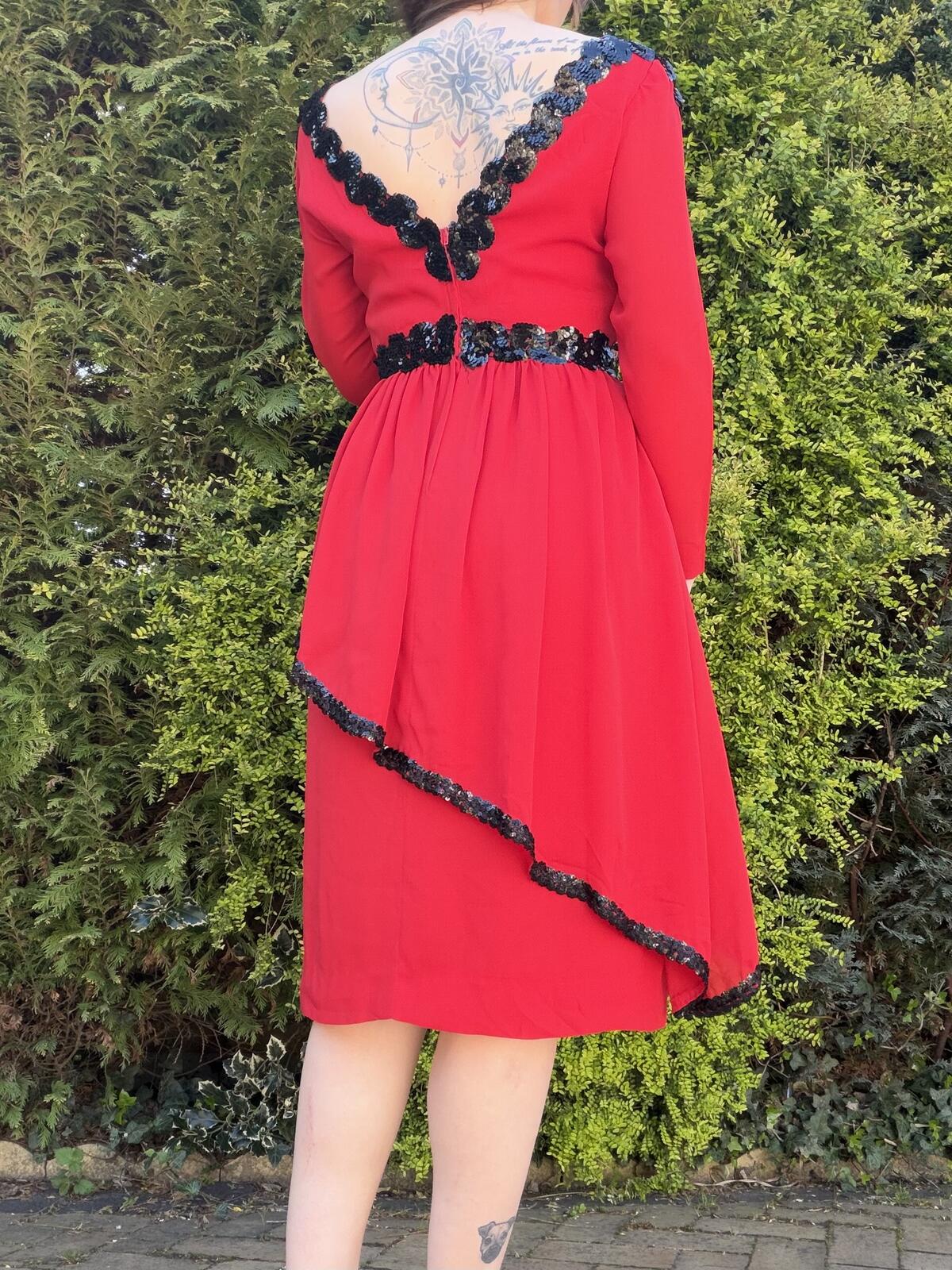 Vintage 1980s Party Dress Layered Red Midi Black Sequin Trim Size 10