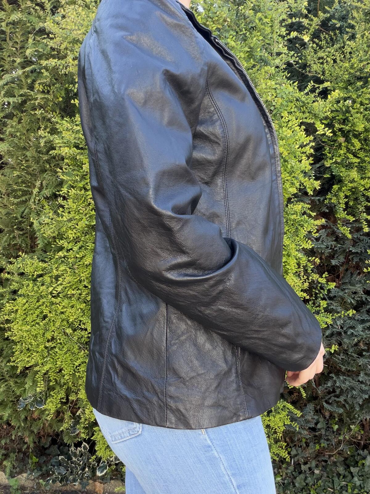 Black Real Leather Jacket Zip up Classic Biker Jacket size 8 10 by Worthington