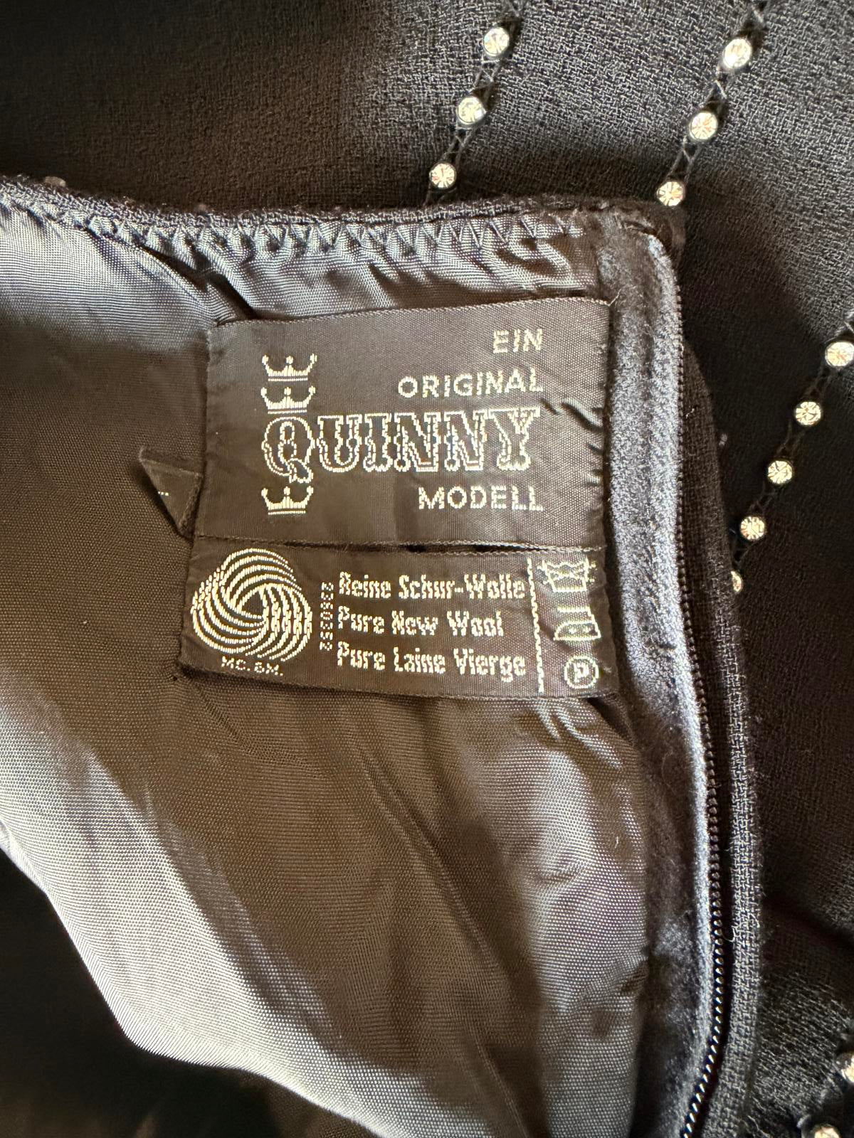 Vintage 1970s maxi dress black size 14 by Quinny retro wool Embellished Waist