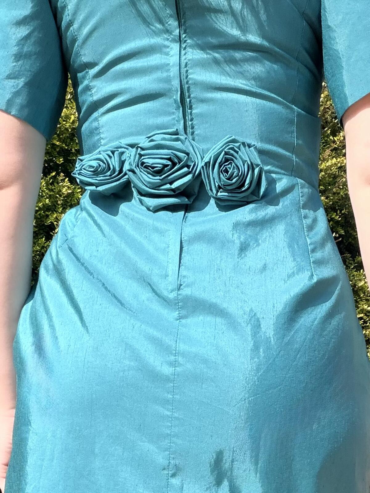 Vintage 1990s Cocktail Dress Teal Puff Sleeve Midi Dress Size 10 with Flowers