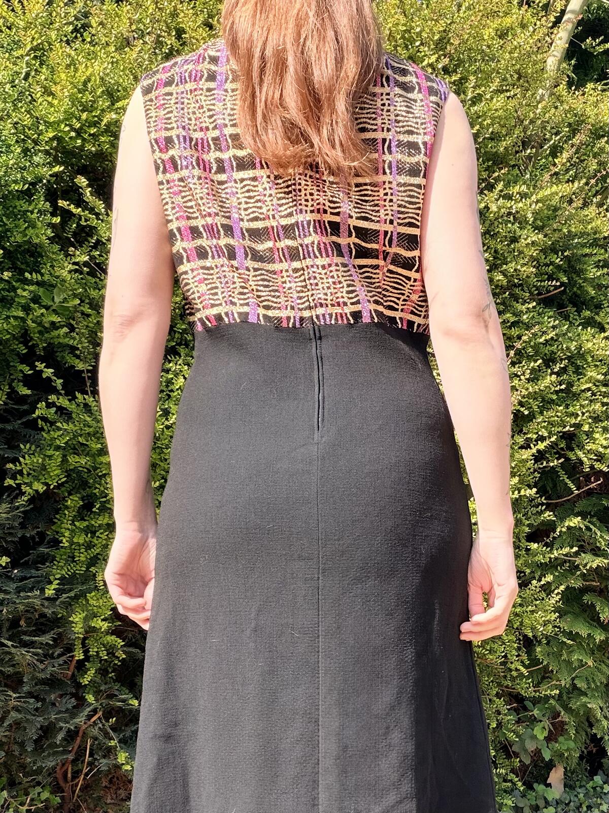 Vintage 1970s Maxi Dress Black Size 14 with sparkly Plaid Tartan Bodice