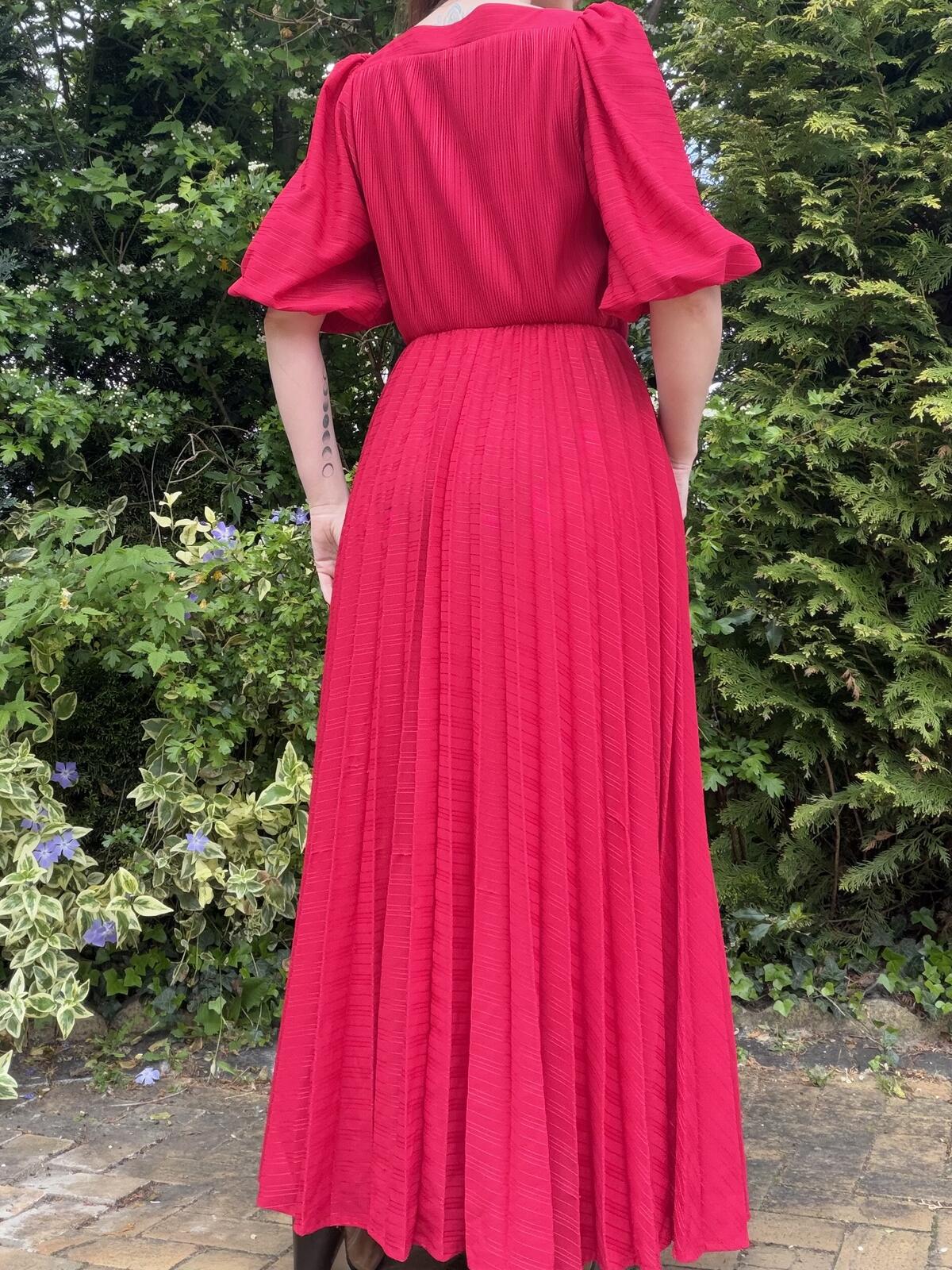 Vintage 1980s Maxi Dress Red Pleated Long Cocktail Dress Puff Sleeves Size 16