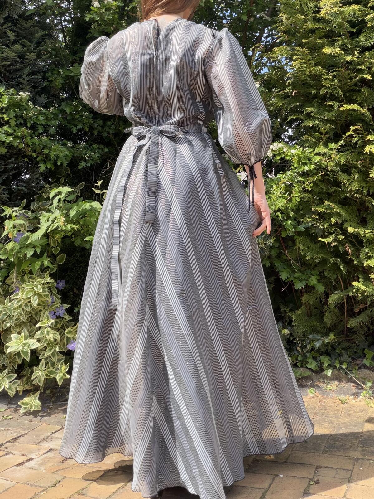 Vintage 1980s Maxi Dress Puff Sleeve Striped Cocktail Party Dress Silver grey 14