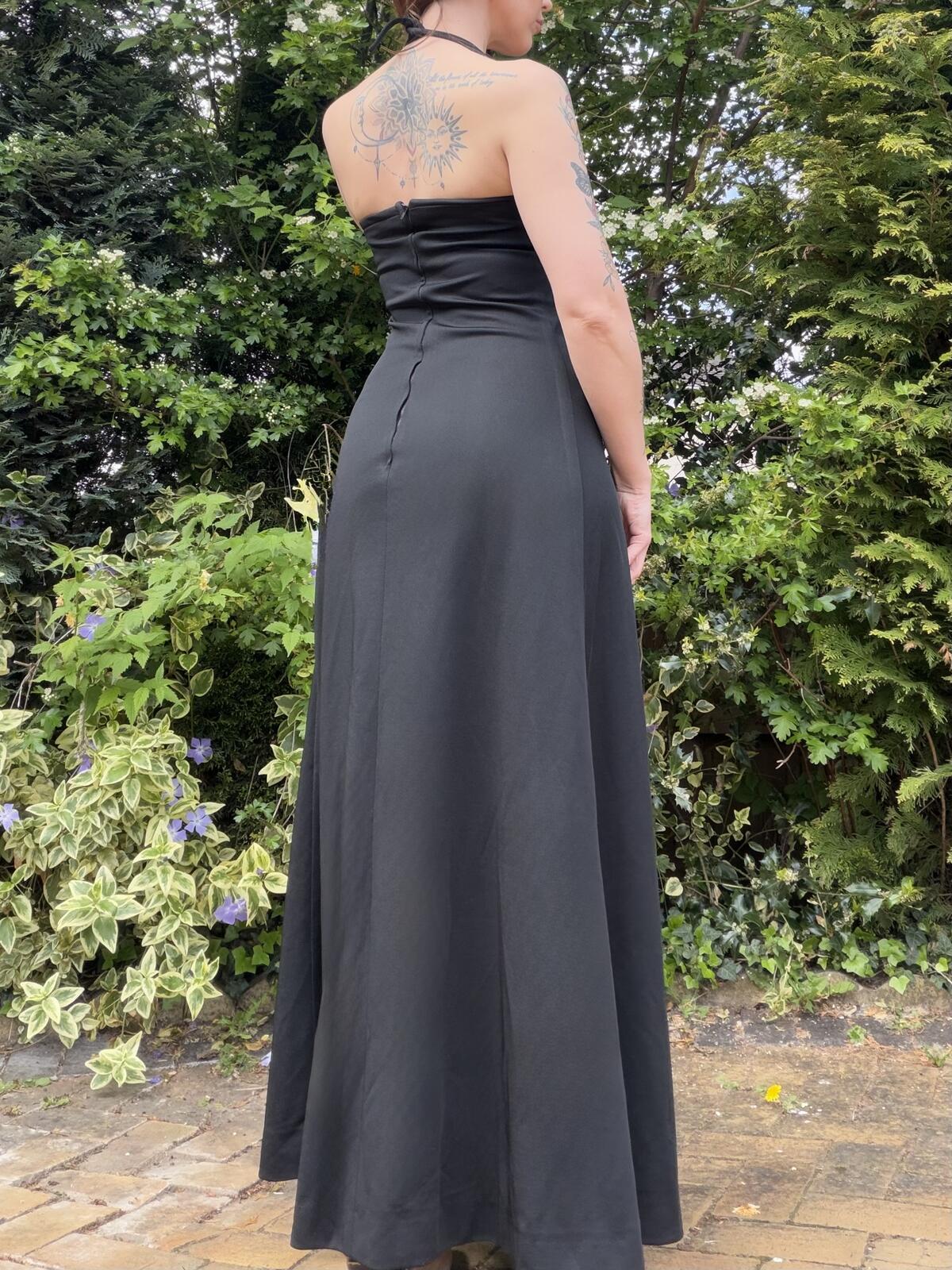 Vintage 1970s Long Dress Black Halter Neck Maxi Dress Size 10