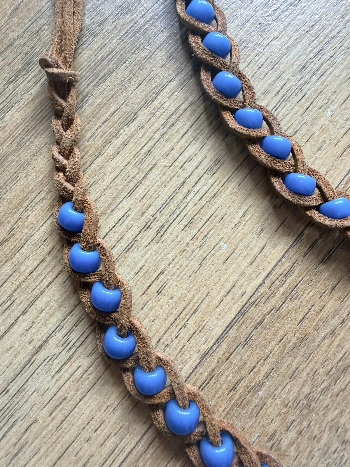 Brown Suede Braided Belt with Blue Beads hippie boho style
