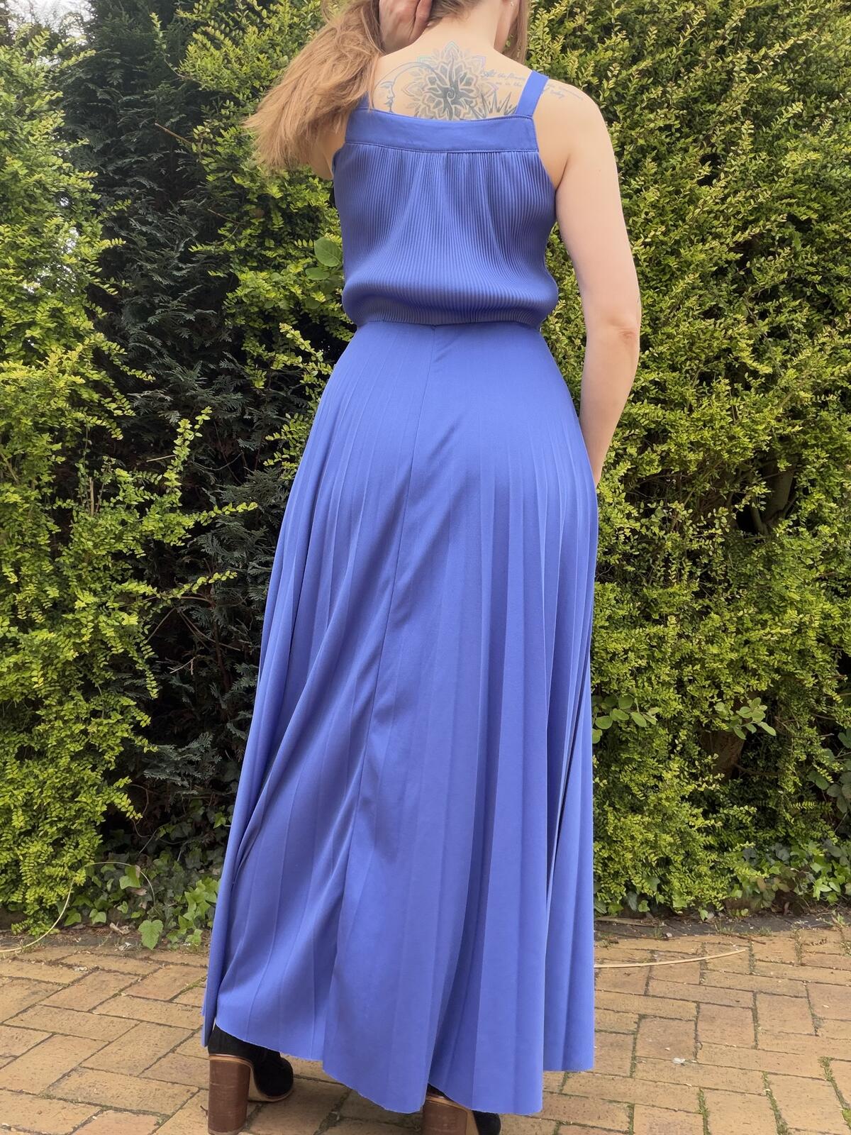 Vintage 1980s Blue Pleated Maxi Dress with Square Neckline Size 12