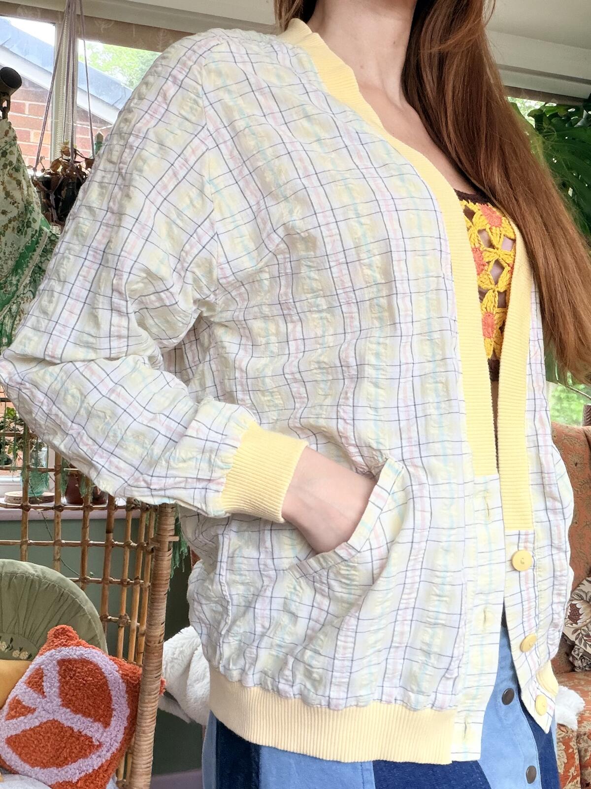 Vintage 1980s Summer Jacket Lightweight Yellow Checkered Bomber Jacket Size 10