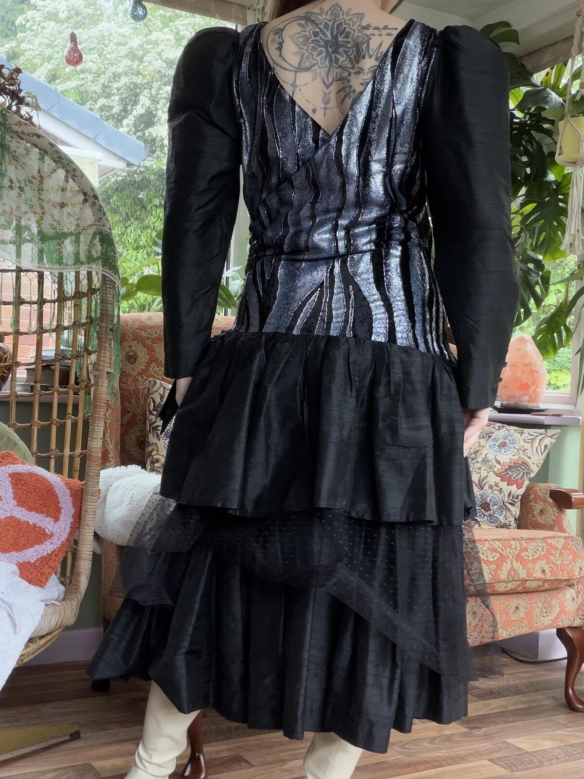 Vintage 1980s Cocktail Dress with Silver Patterned Bodice and Bow Detail Size 12