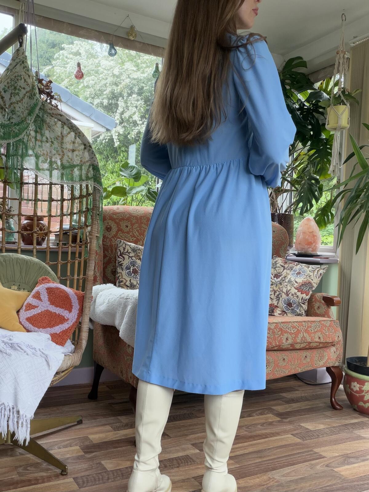Vintage 1980s Day Dress Light Blue Long Sleeve Midi with Lace Detail Size 12
