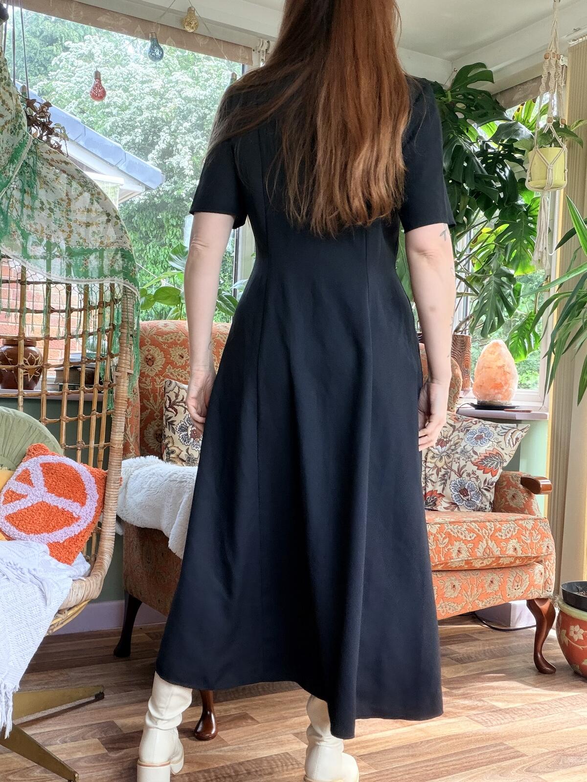 Vintage 1990s Summer Dress Black Midi Dress with Button Front Detail Size 14