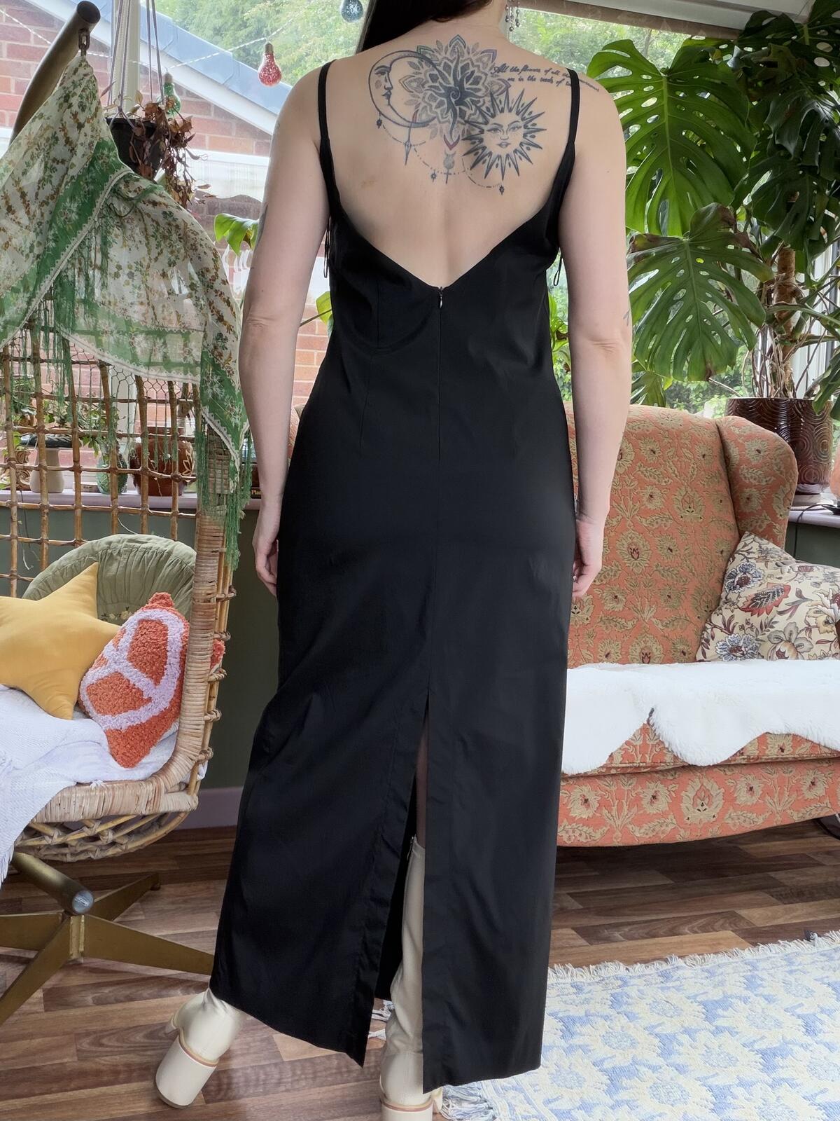 Vintage 1990s Black Dress with Square Neckline and Spaghetti Straps Size 12