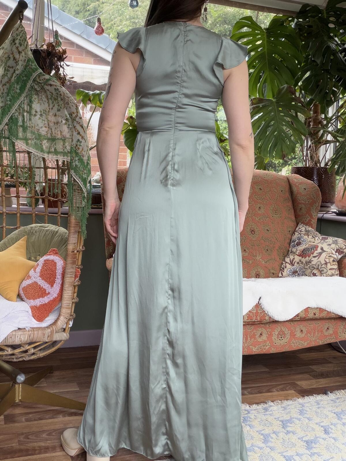 Green Satin Maxi Dress with Cap Sleeves and side split size 8 by H&M