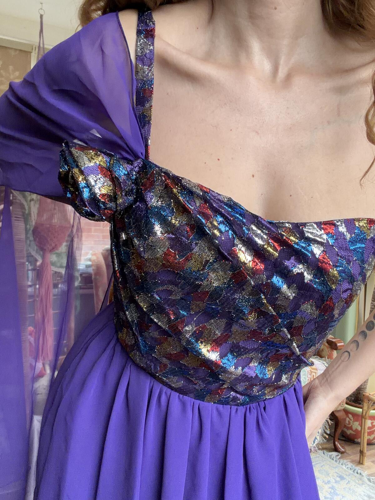 Vintage 1980s Maxi Dress Purple One Shoulder Evening Dress Lace Bodice Size 12