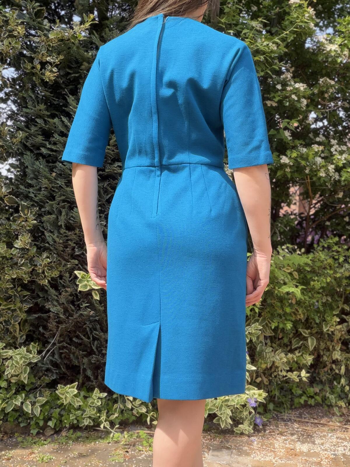 Vintage 1980s Dress Blue Knee Length with Embroidered Pocket Size 12