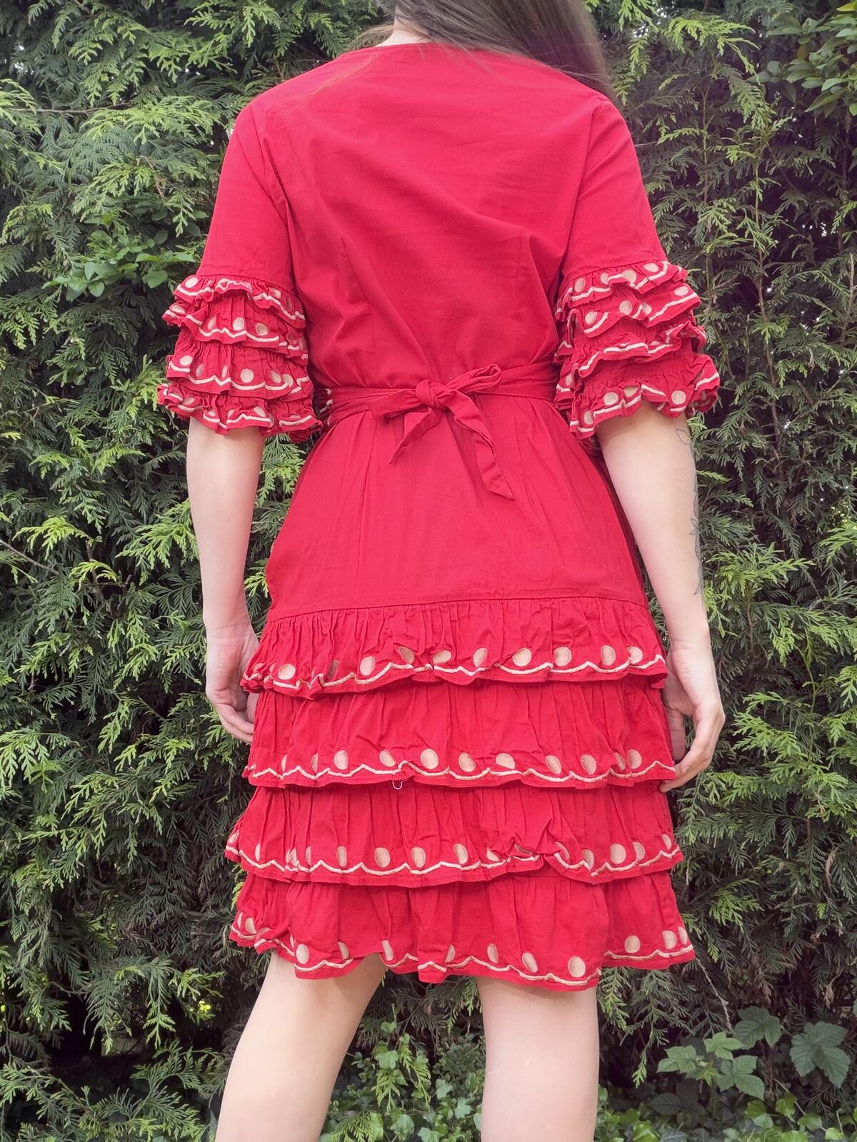 Vintage 1980s Dress Red Tiered Ruffle Dress with Polka Dot Detailing Size 14