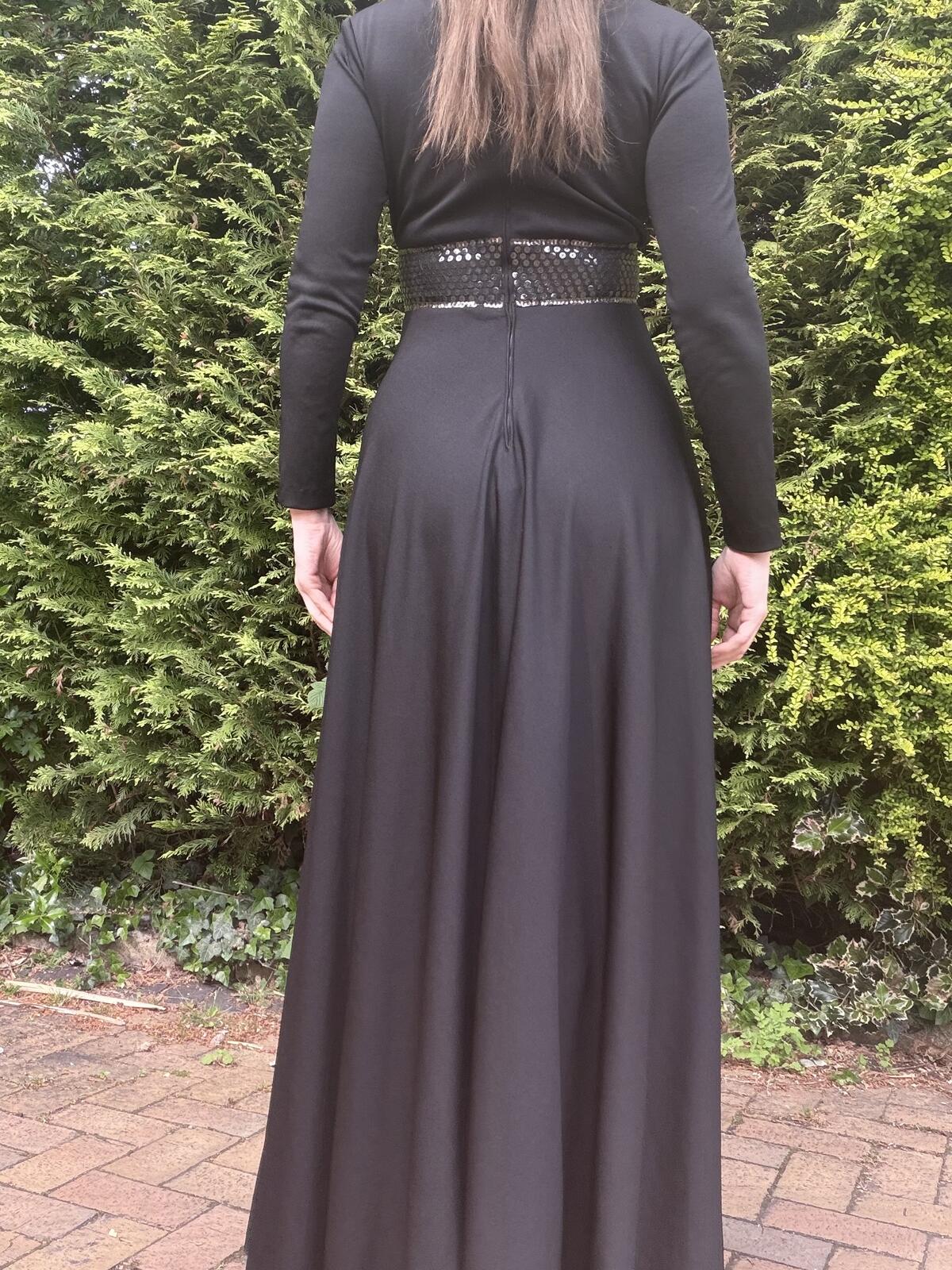 Vintage 1980s Maxi Dress Black Long Sleeve with Sequin Waist Detail Size 10