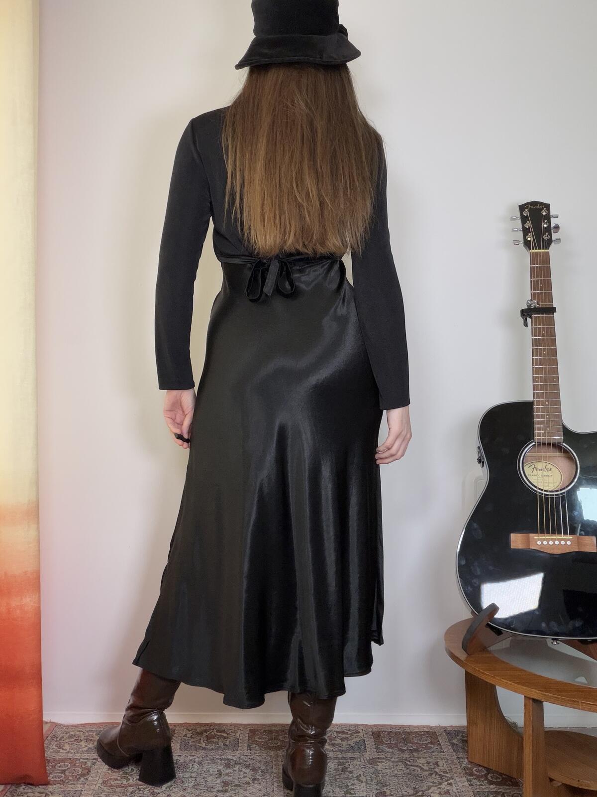 Vintage 1970s Maxi Dress Black Long Sleeve Whimsigoth Cocktail Dress Size 14