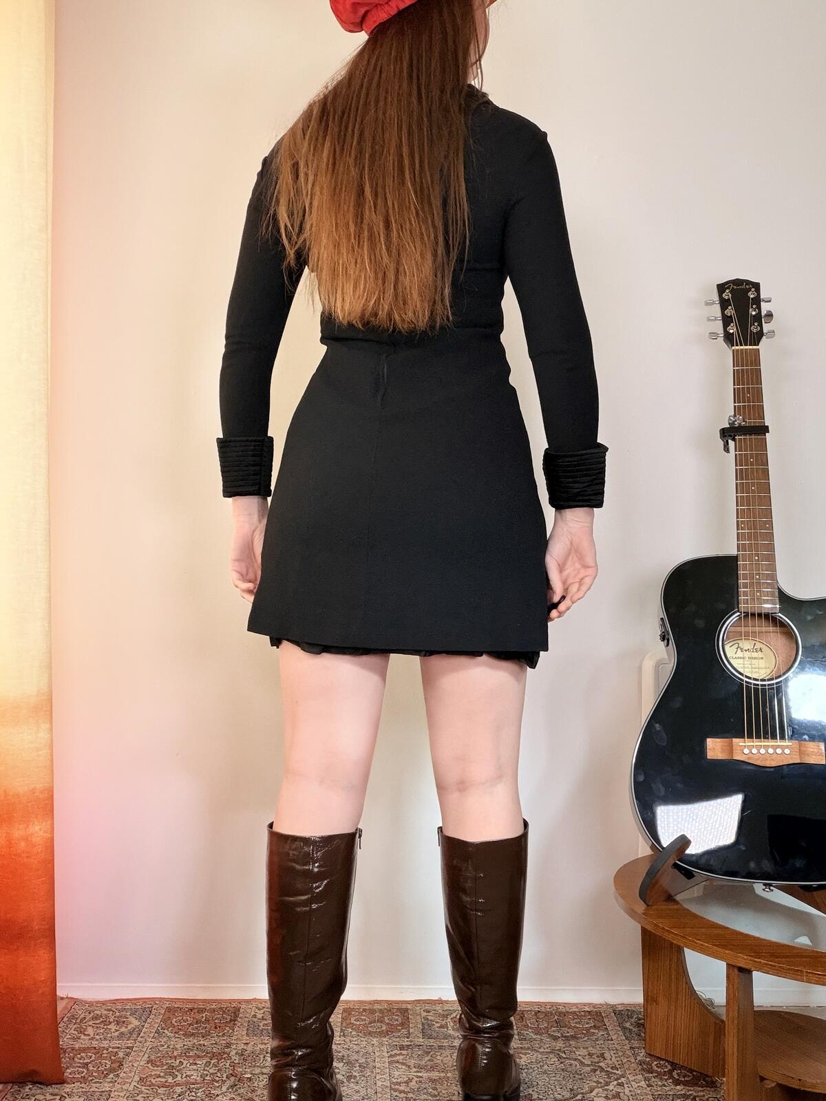 Vintage 1960s Mini Dress Black Long Sleeve gogo Dress with Bow Tie Collar size 8
