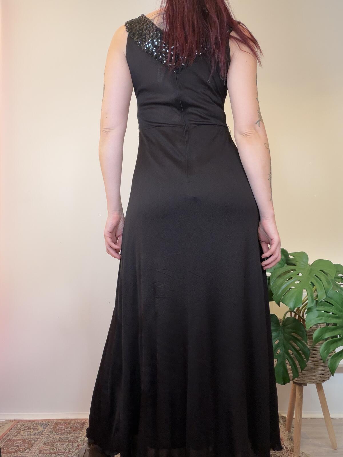 Vintage 1970s Cocktail Dress Black Maxi Dress with Sequin V Neckline Size 10