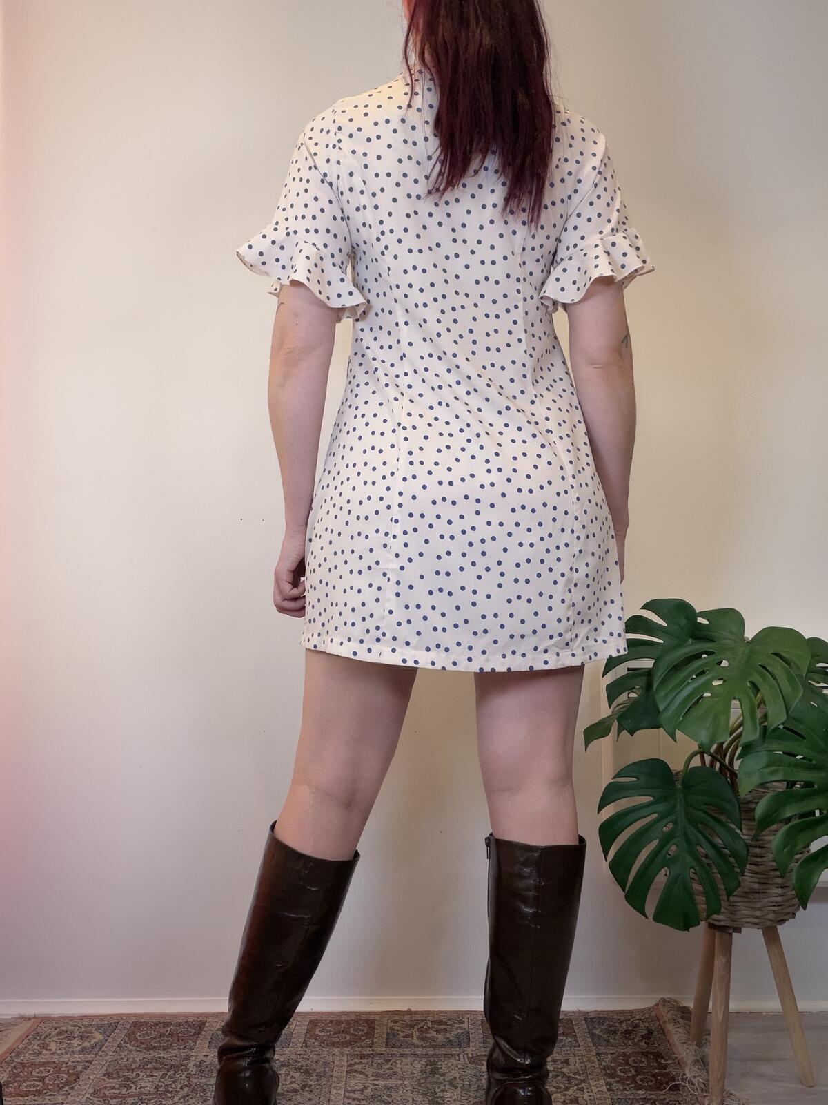 Vintage Y2k shirt Dress white Polka Dot Button Mini Dress with Ruffles size 10