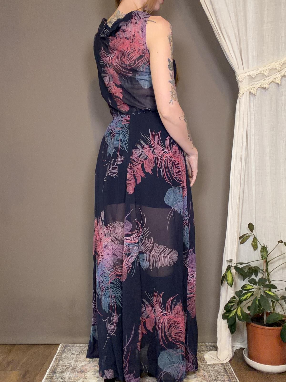 Hippie Boho Maxi Dress Pink Blue Feather Print Sheer Festival Summer Size 12 14