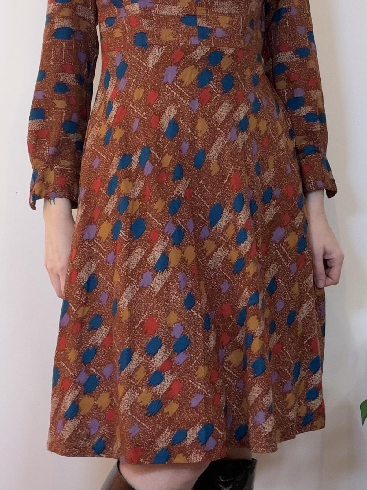 Vintage 1970s shirt Dress Brown Patterned Long Sleeve Dress Size 12