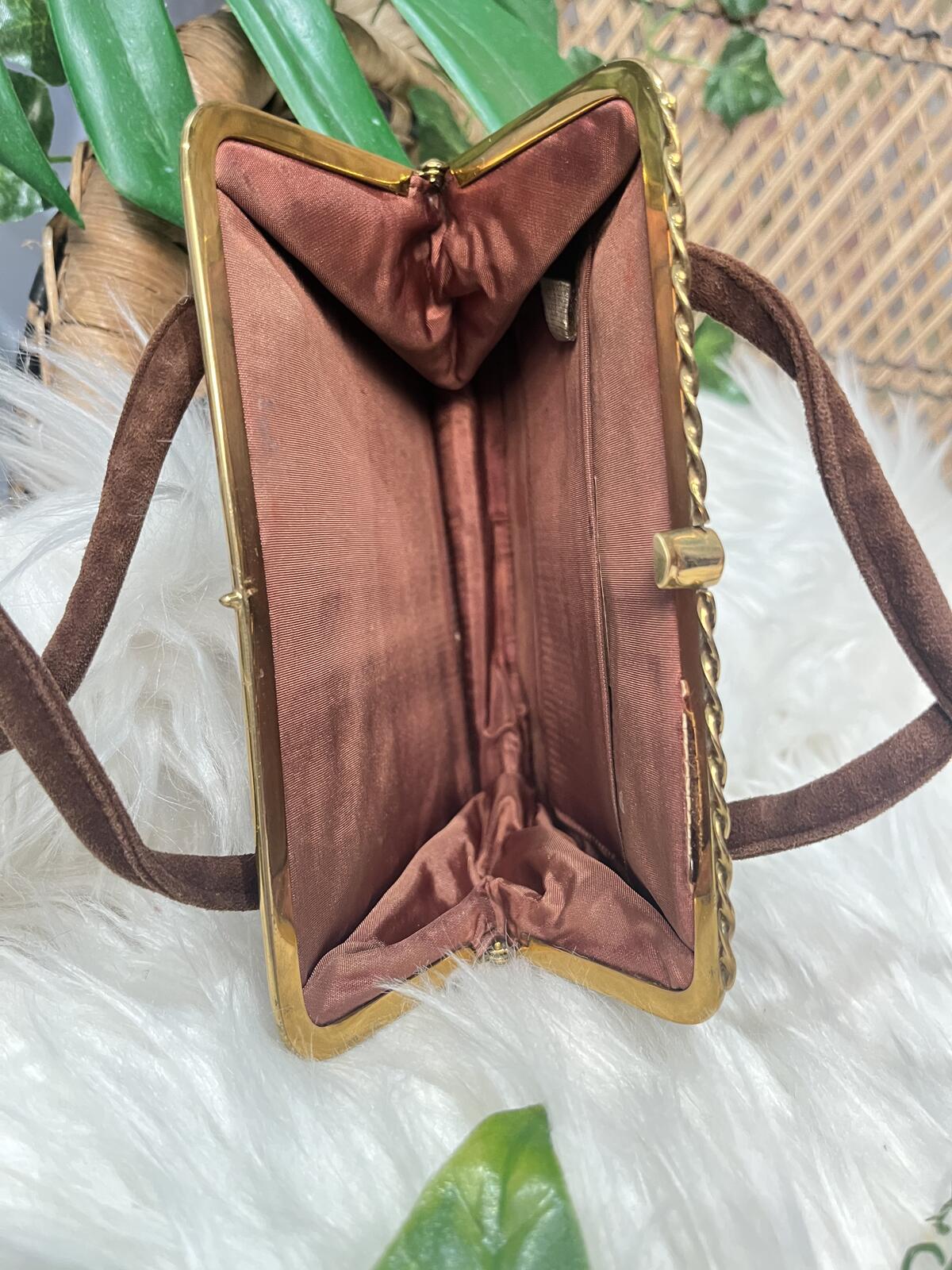 Vintage Brown Suede Handbag Small Size with Gold Frame Retro 1960s Bag