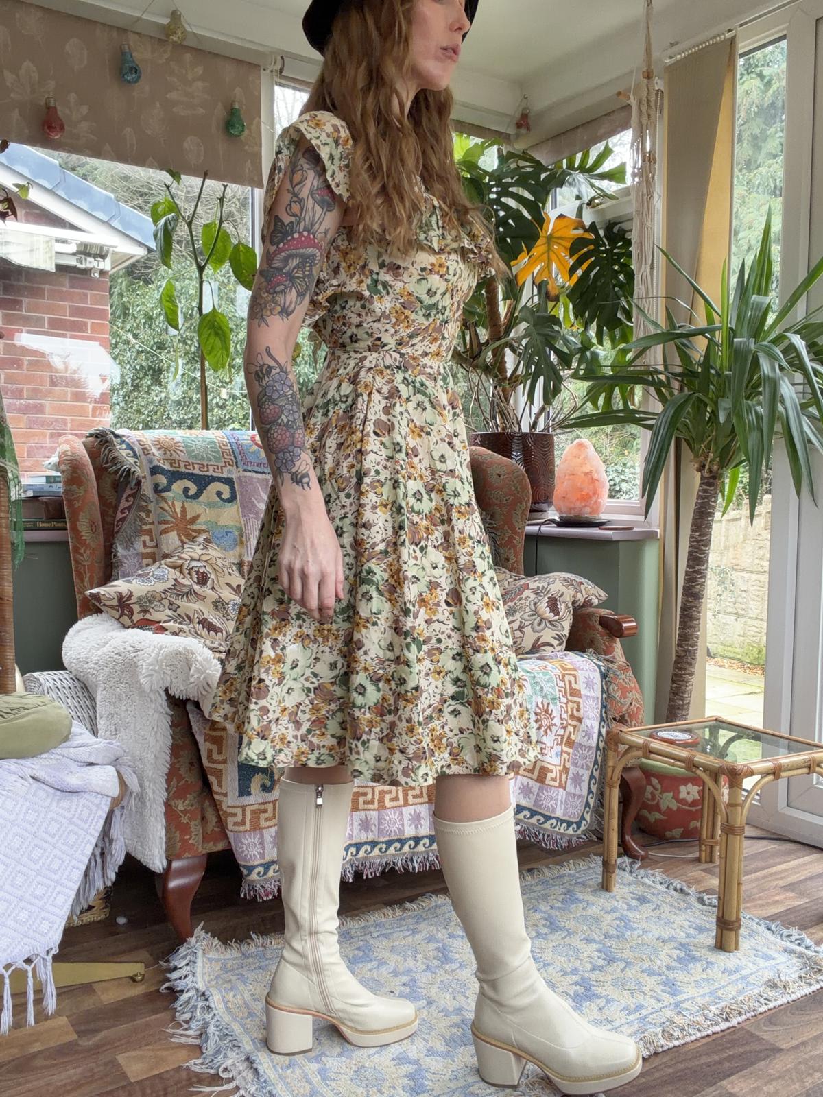 Vintage Floral Summer Dress Bardot Off Shoulder Ruffle Bustier Floaty Midi 6