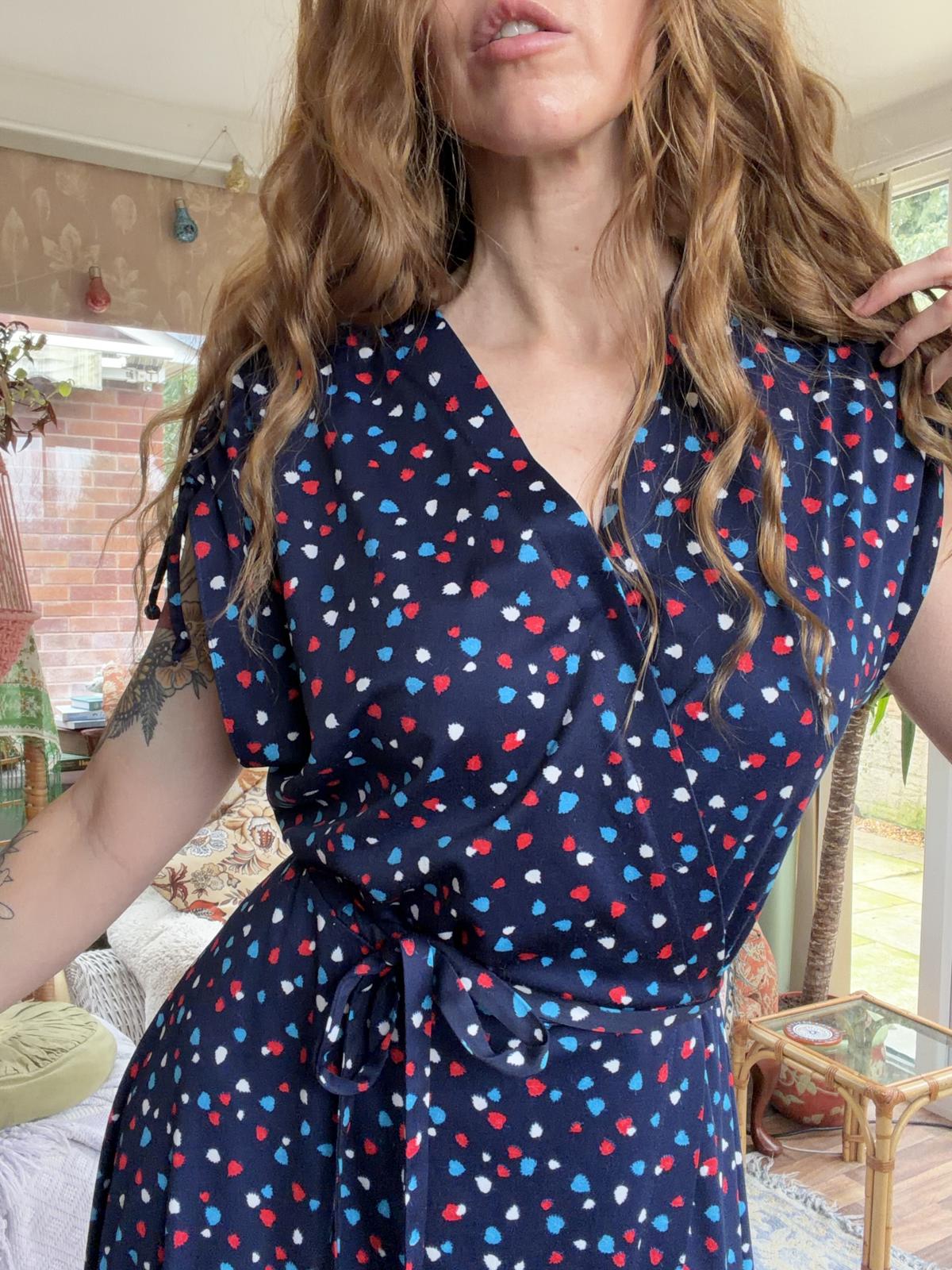 Vintage 1980s Wrap Dress Summer Polkadot Midi Dress With Short Sleeves 12 14