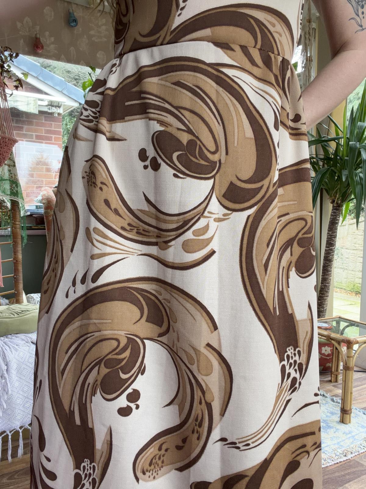 Vintage 1970s Maxi Dress Psychedelic Hippie Pattern By DK Modern Brown Size 10