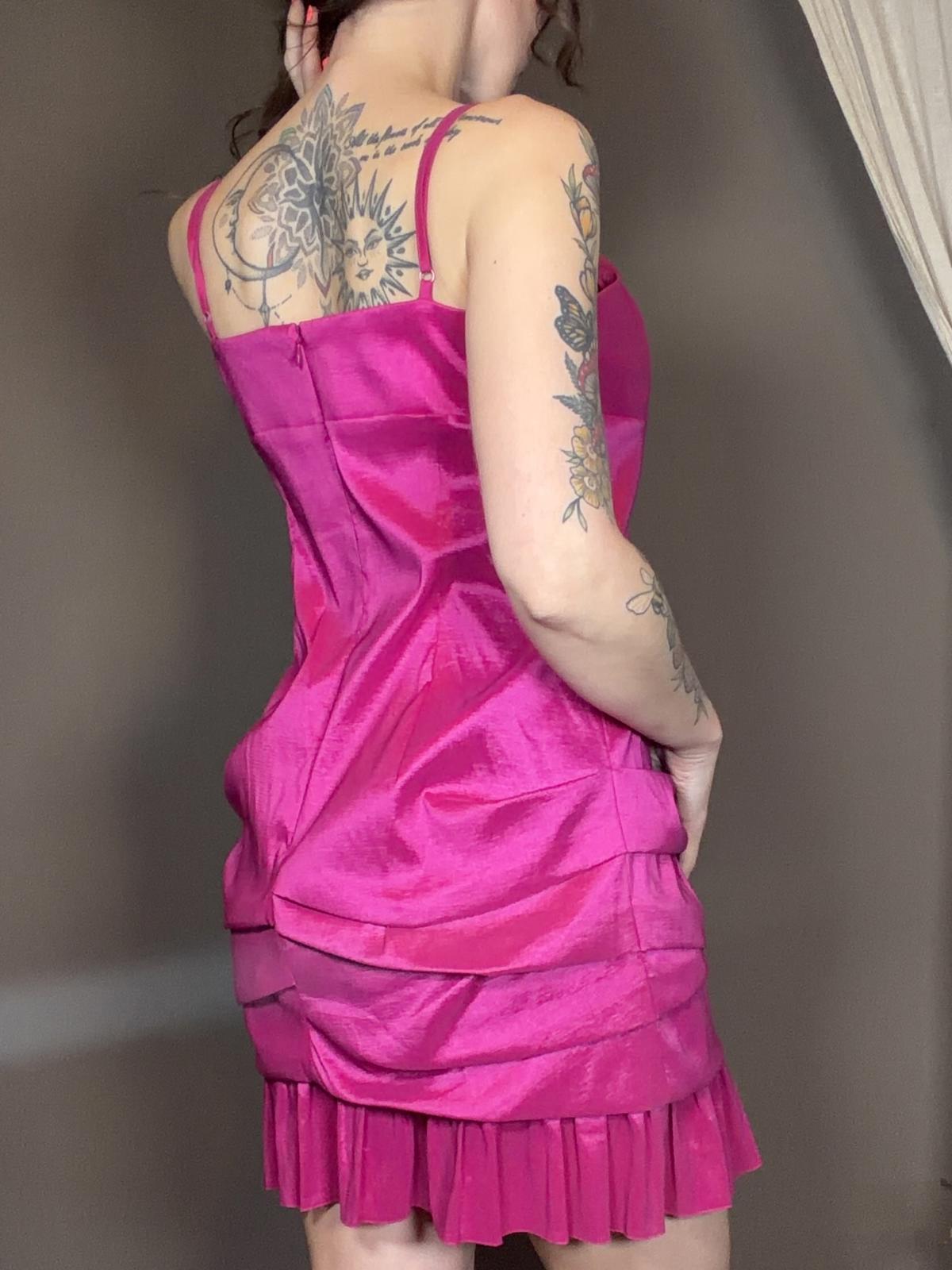 vintage Y2K Party Dress Pink Satin Mini Dress with Pleated Hem Size 14 Vera Mont